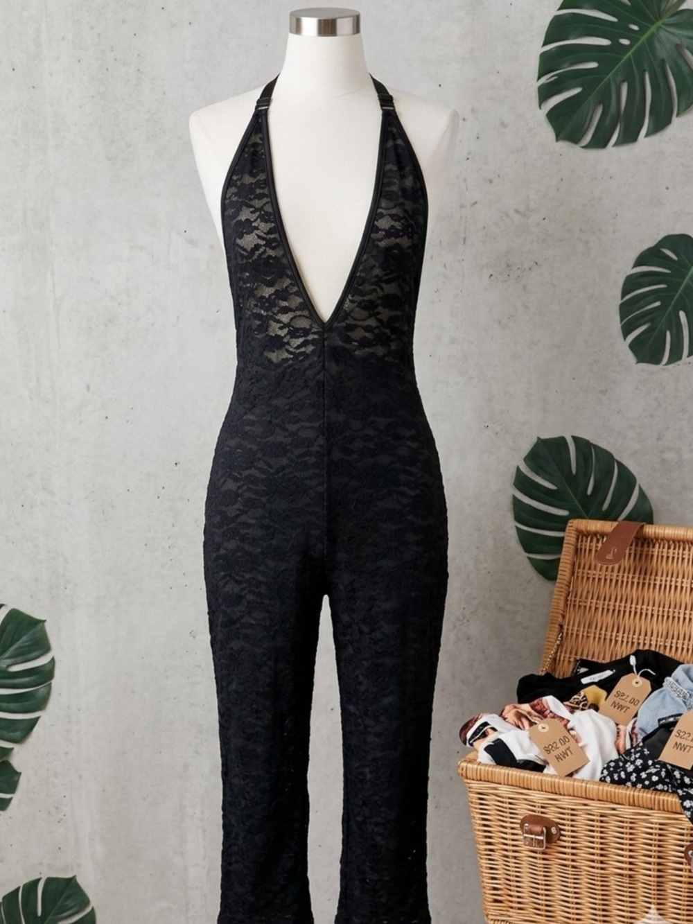 Fashion Nova Deep V Black Velvet Jumpsuit